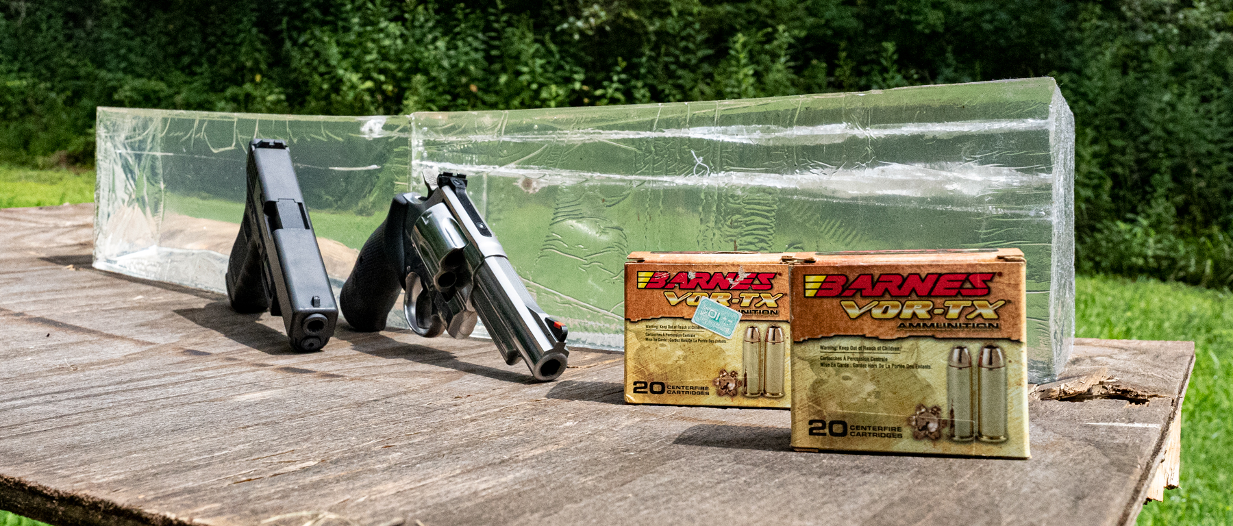 Comparing 10mm and 44 magnum ammo and guns with ballistic gel at a shooting range