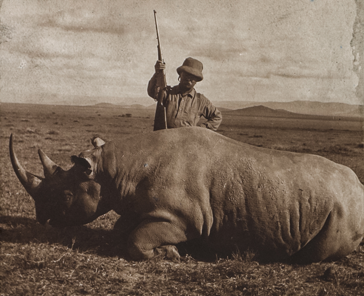 Teddy Roosevelt posing with a rhino shot with a Winchester 1895 lever action rifle.
