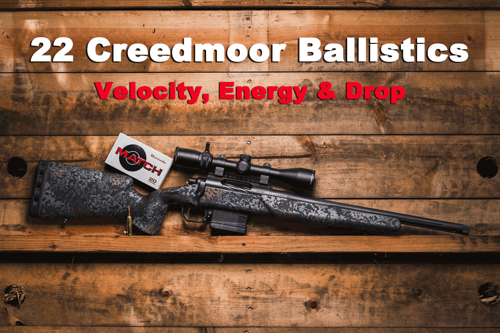 22 Creedmoor rifle and ammo on display in front of a wooden backdrop