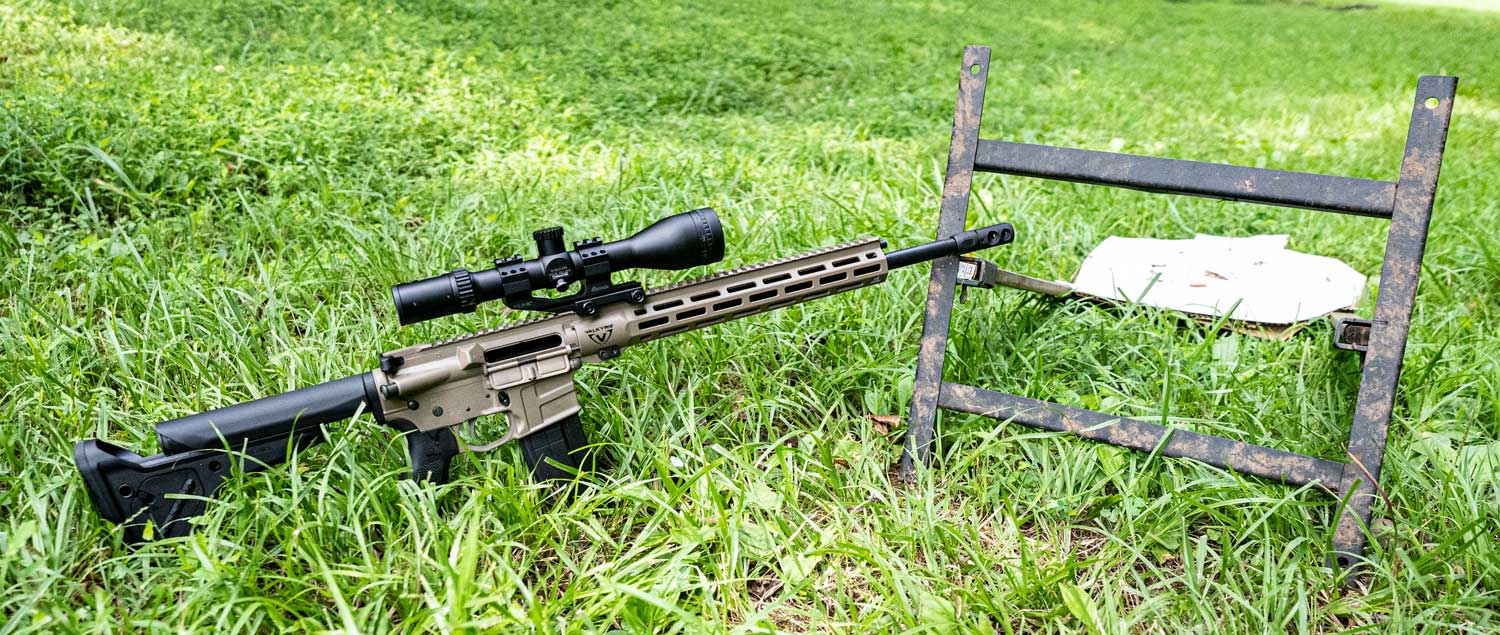 A Savage 224 Valkyrie rifle at a shooting range