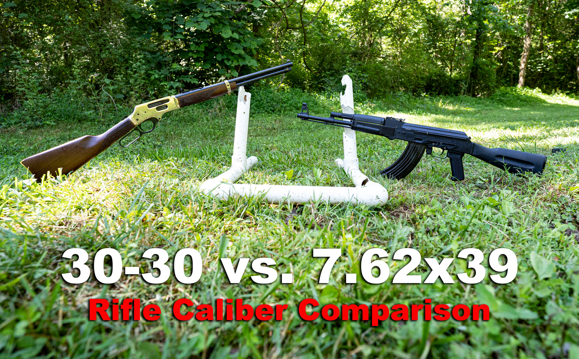 30-30 vs. 7.62x39 rifle on display at a shooting range