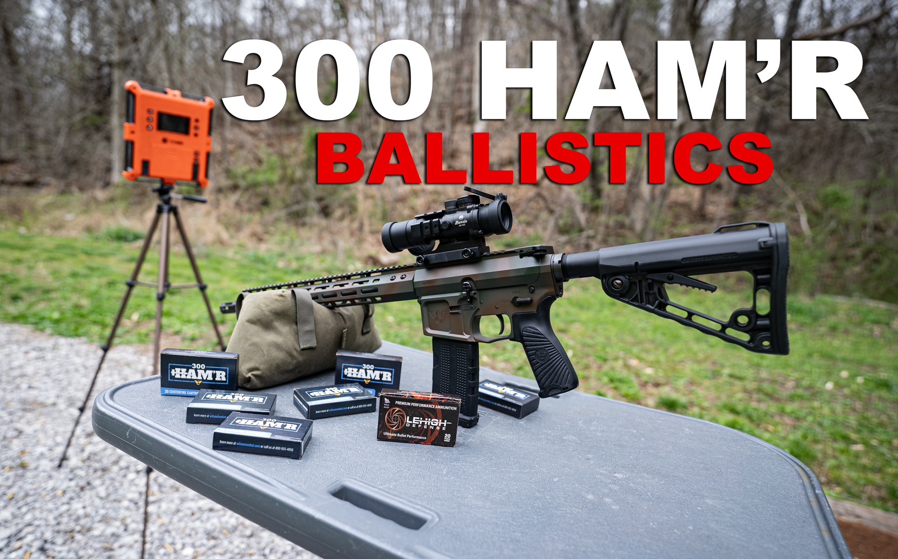 A 300 Ham'r rifle with ammo and a chronograph at the shooting range