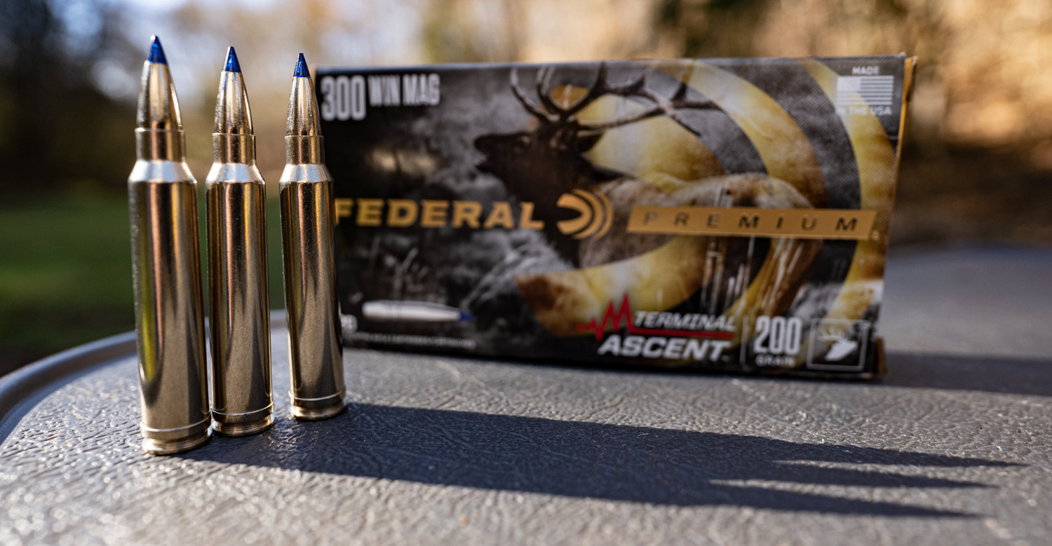 Federal 300 win mag ammo on a shooting bench