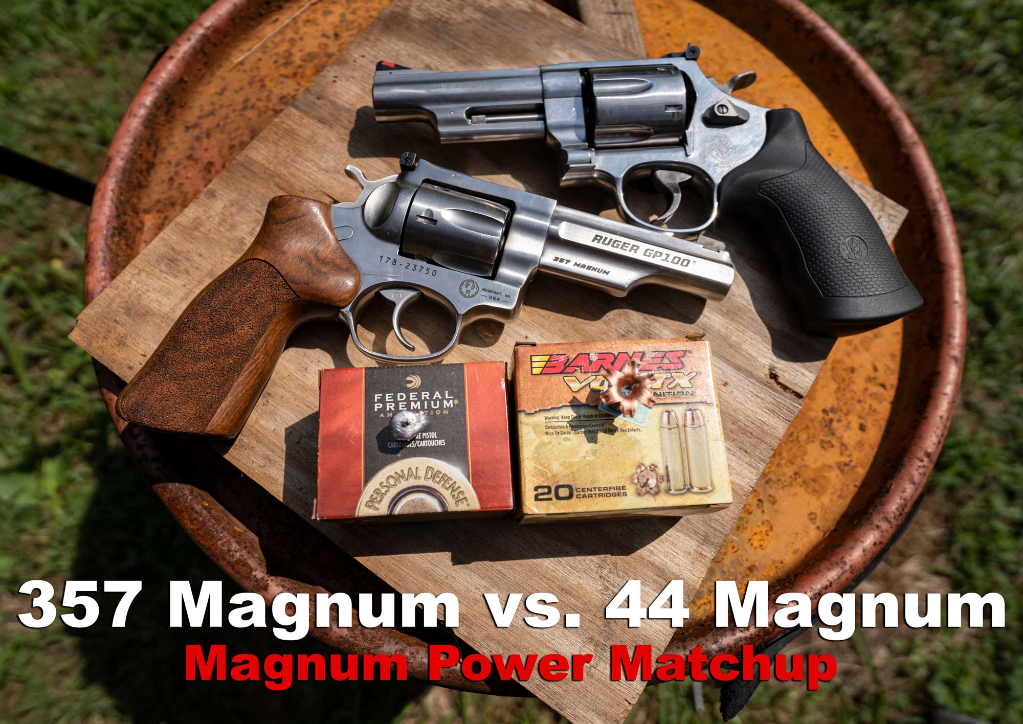 357 magnum vs 44 magnum revolvers side by side with ammo