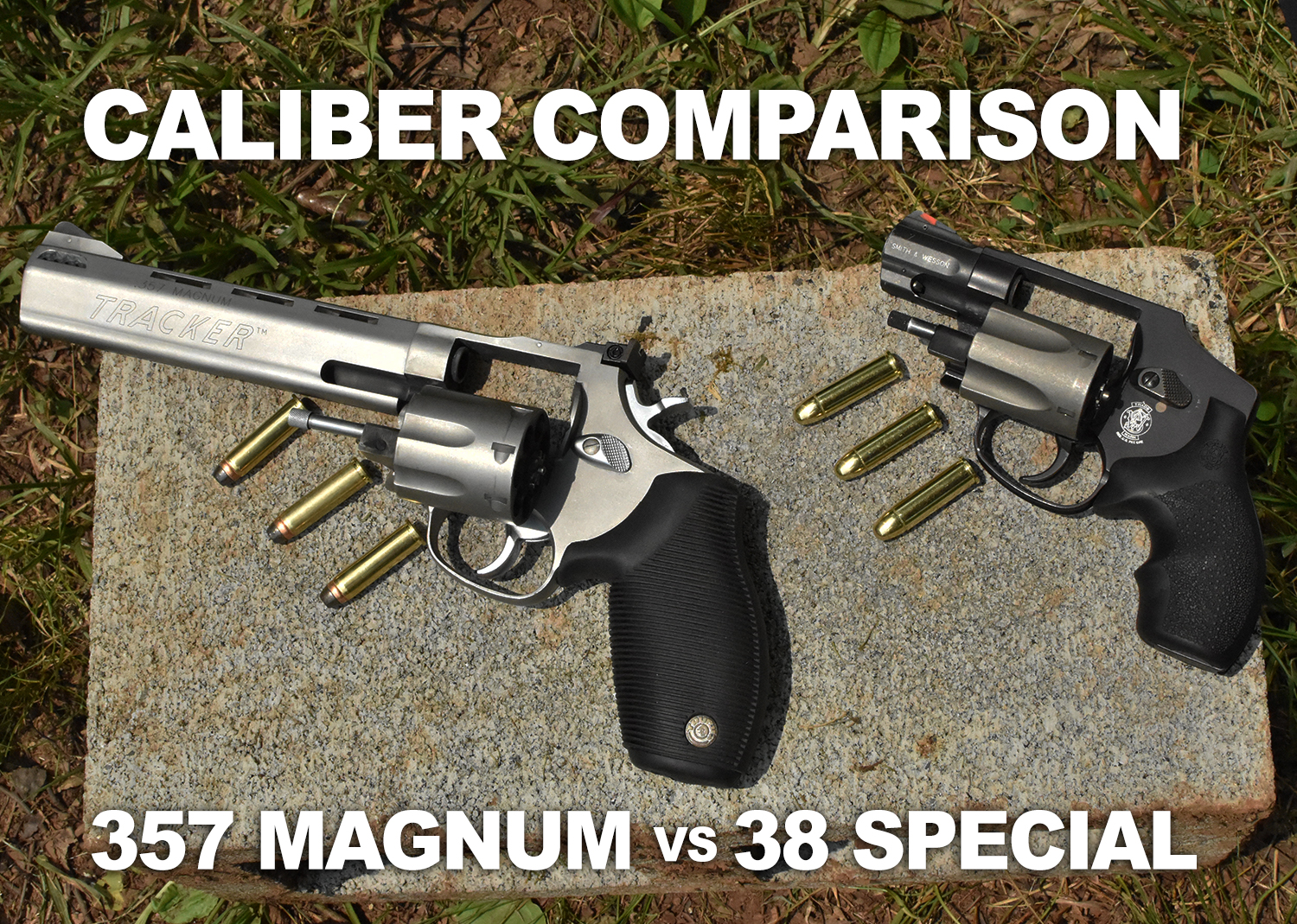 38 special vs. 357 magnum - revolvers on a cinder block with ammo