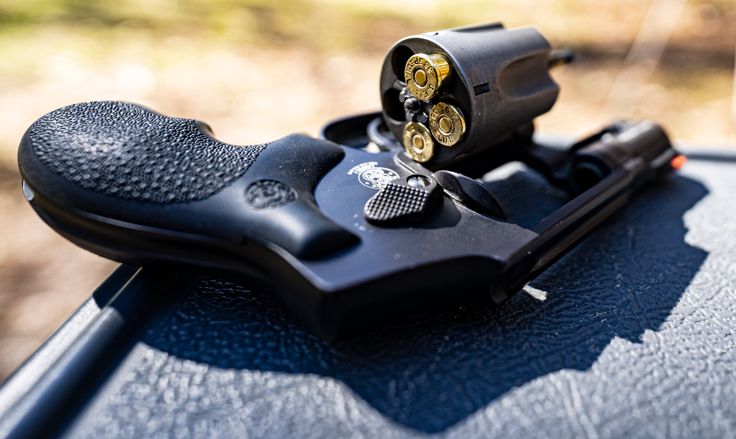 38 special ammo loaded in a revolver to test ballistic capabilities at a shooting range