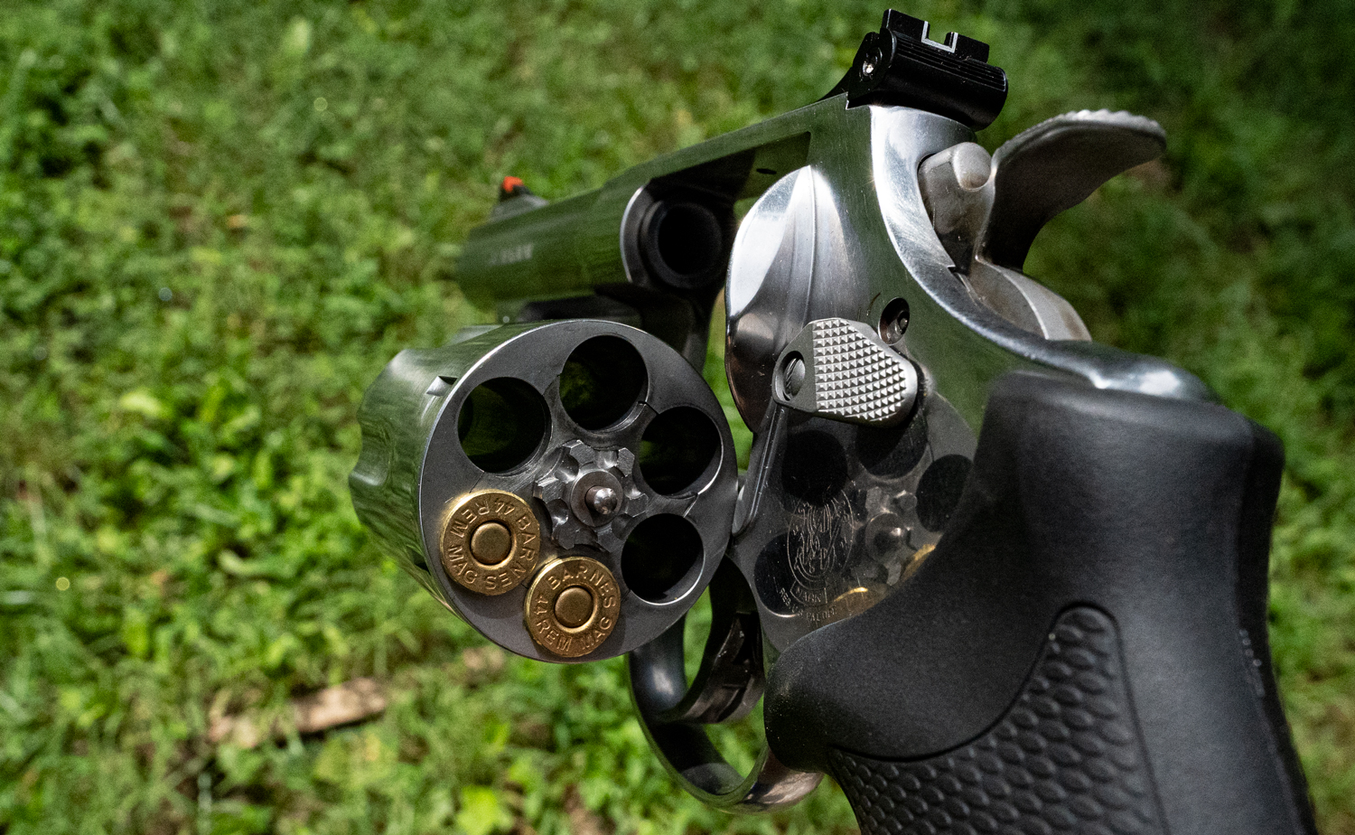 A 44 magnum Smith & Wesson revolver with ammo in the cylinder