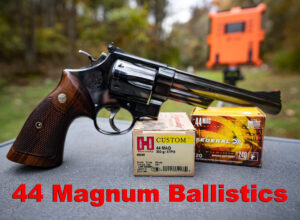 44 magnum ballistics testing with revolver and chronograph at a shooting range