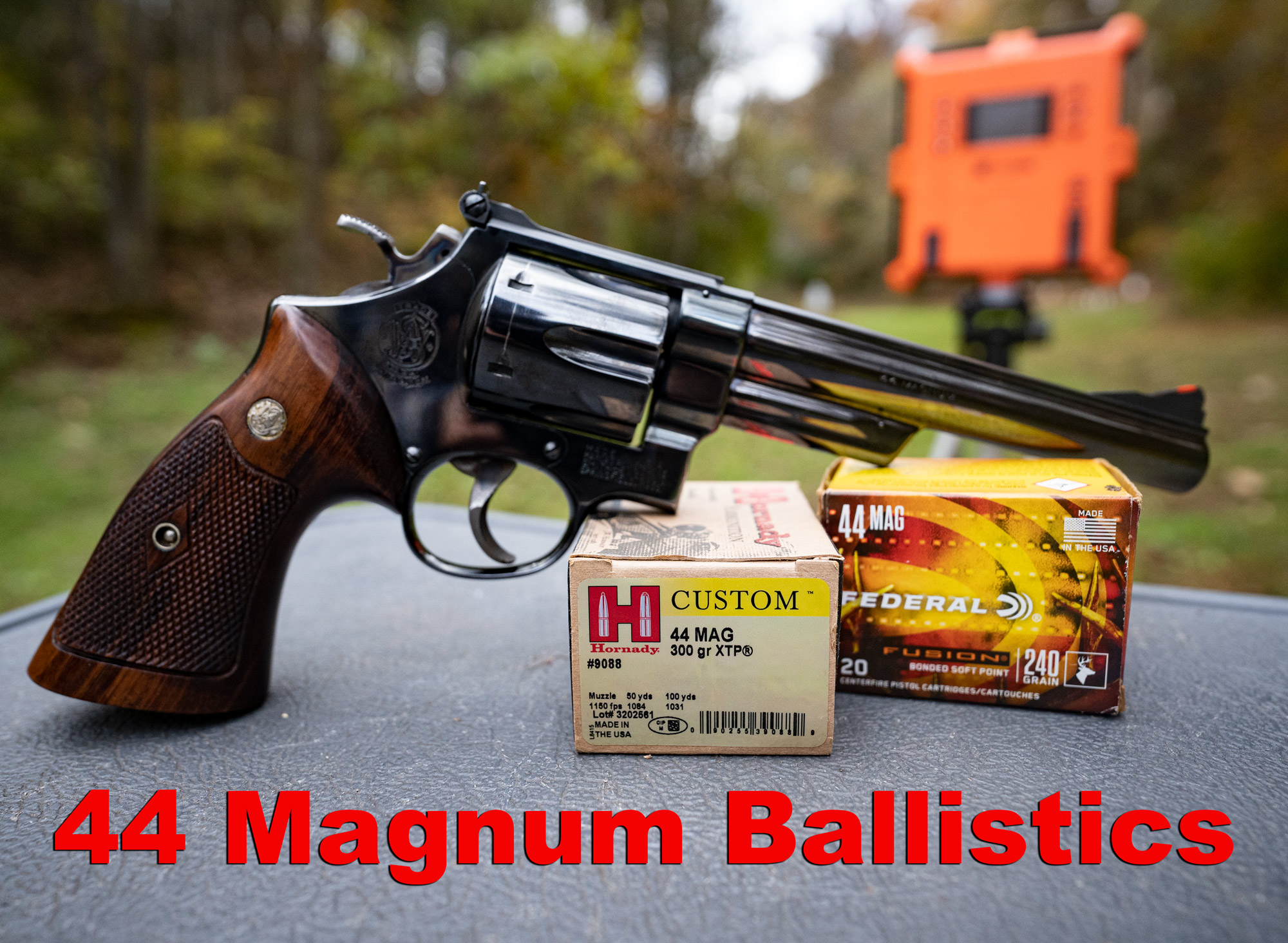 44 magnum ballistics testing with revolver and chronograph at a shooting range