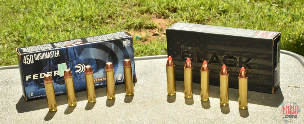 450 Bushmaster ammo on a table