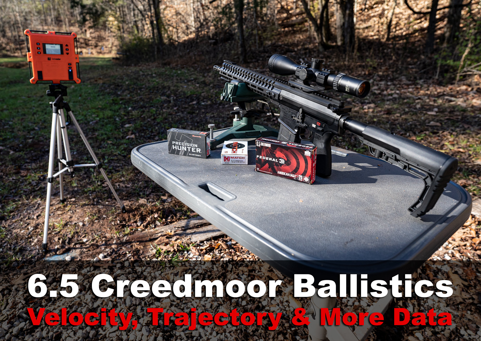6.5 Creedmoor ballistics testing at a shooting range with rifle and chronograph