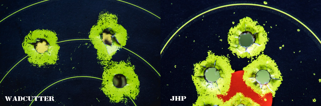 A side-by-side comparison of wadcutter bullet hole next to JHP bullet hole