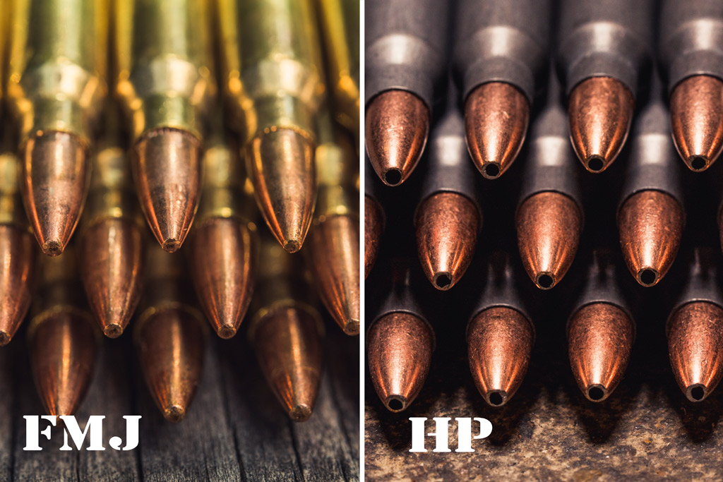 phot of full metal jacket and hollow point bullets side by side