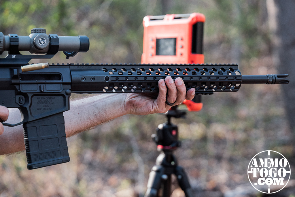 Firing a .308 Winchester rifle with a chronograph at an outdoor shooting range