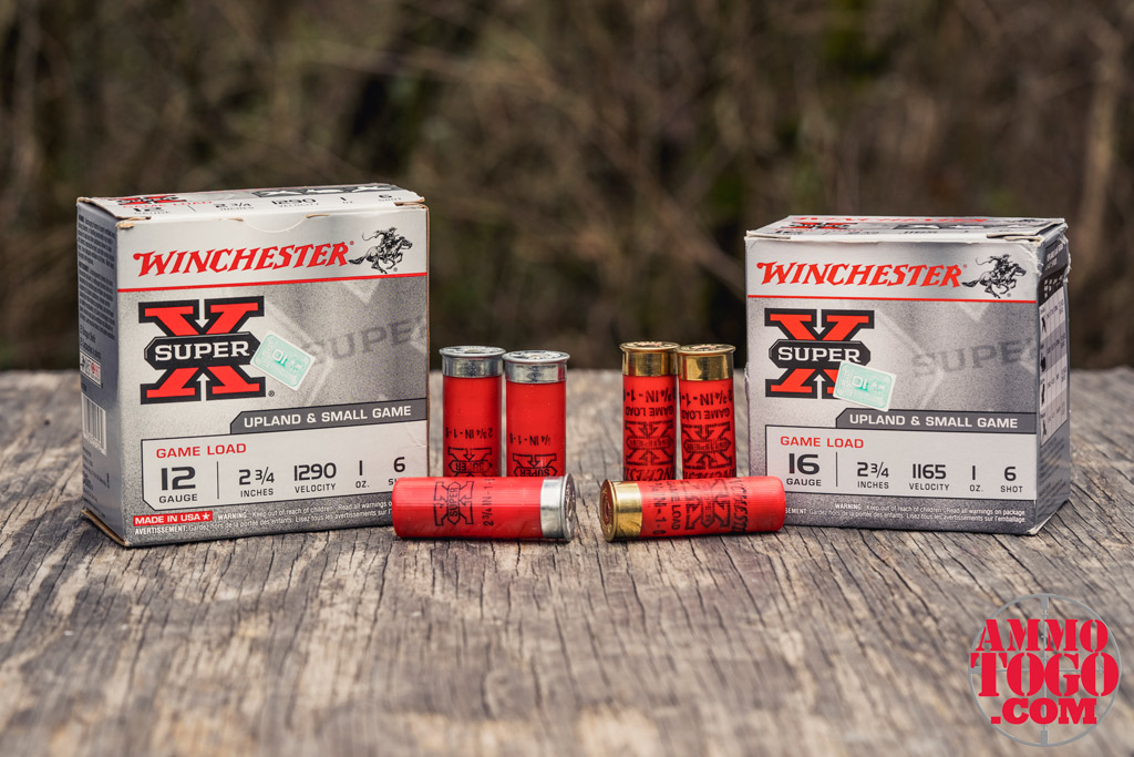 A photo of winchester 12 gauge shotgun ammo next to winchester 16 gauge shotgun ammo