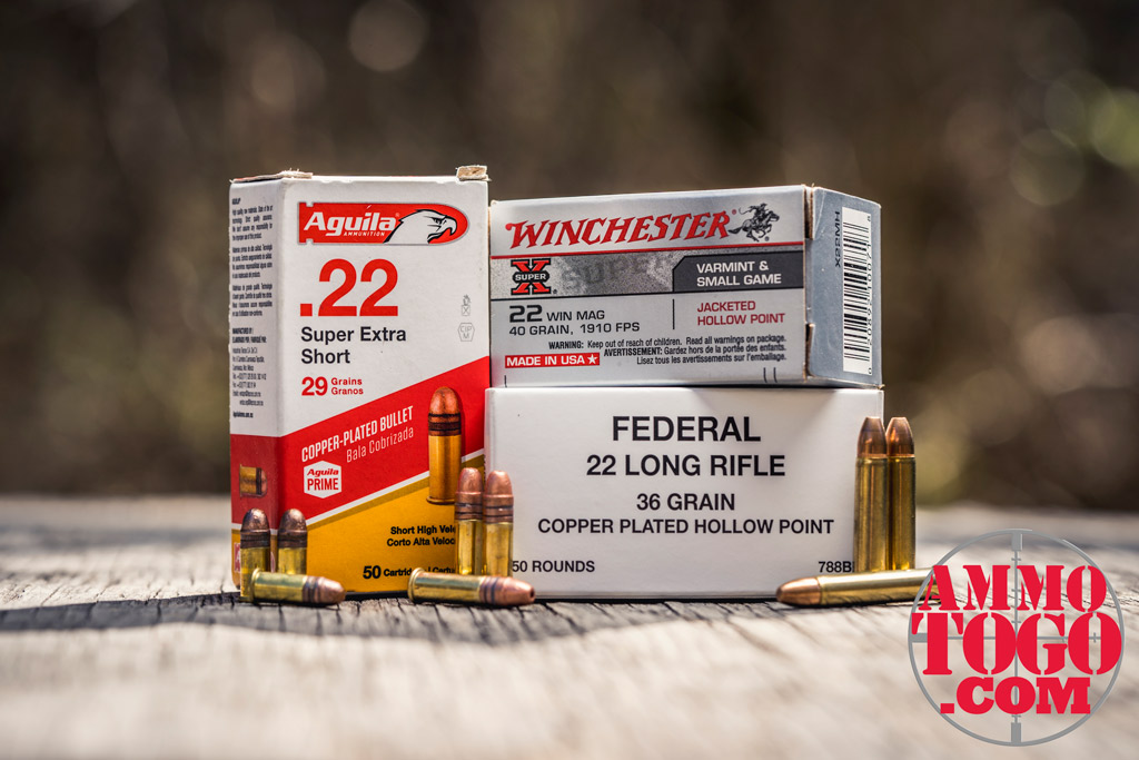 photo of rimfire ammo in 22LR 22 short and 22 magnum outdoors