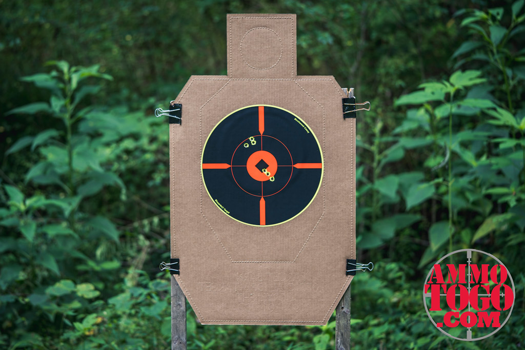 photo of a target in the woods shot with FMJ bullets