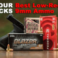 Best low recoil 9mm ammo displayed with pistol at a shooting range