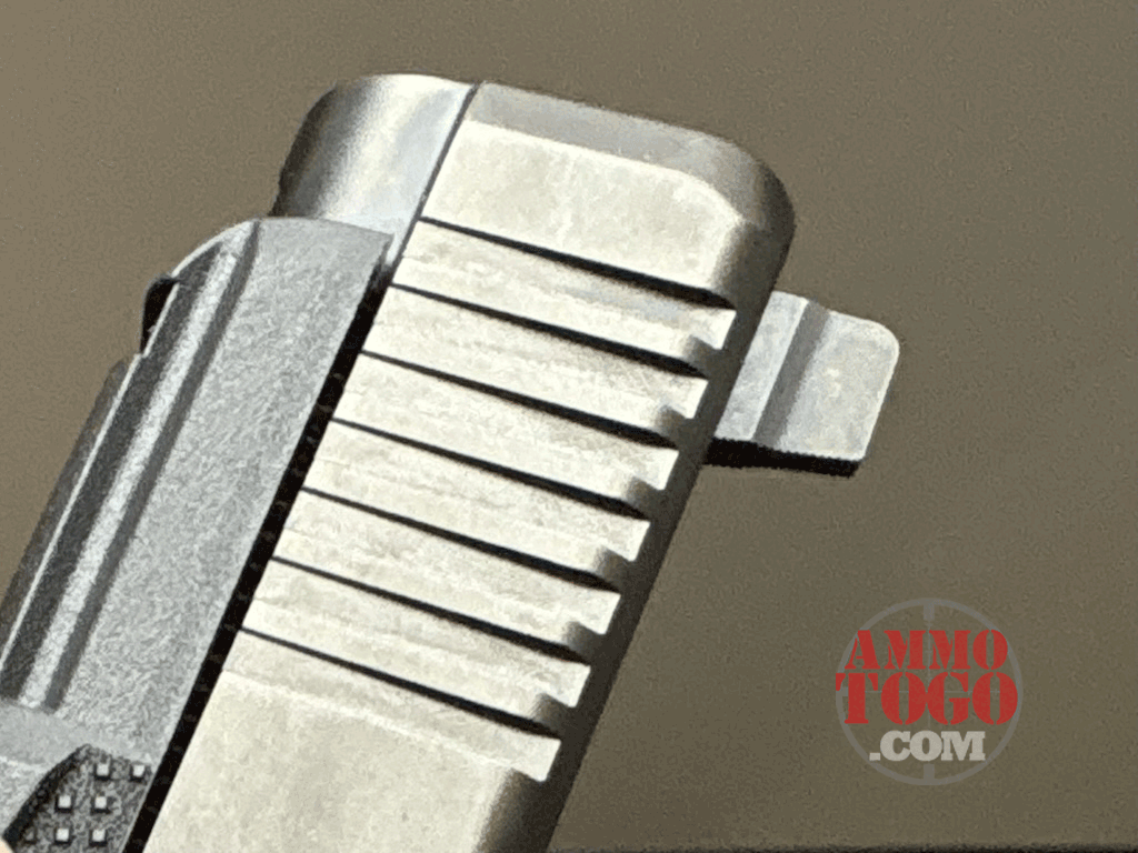 A close up look at the slide serrations on the 6th gen glock.