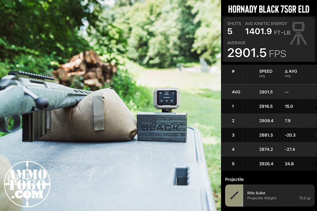 Hornady Black 75 grain 22 ARC ammo chronograph testing