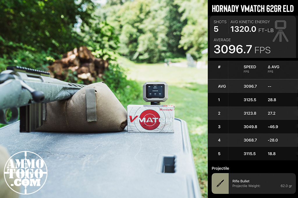 Hornady 62 Grain V-Match chronograph testing for velocity