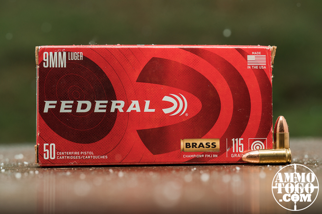 Federal Champion 9mm ammo Federal Champion 9mm ammo displayed at an outdoor shooting range
