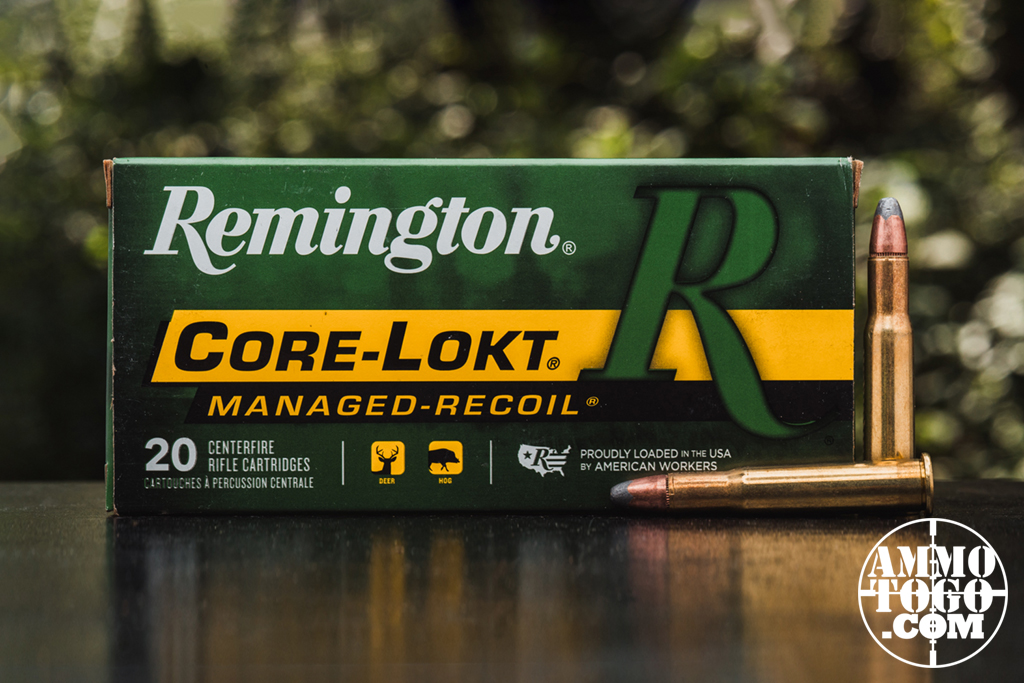 Remington Core-Lokt 30-30 ammo Remington Core-Lokt 30-30 win ammo displayed in the woods