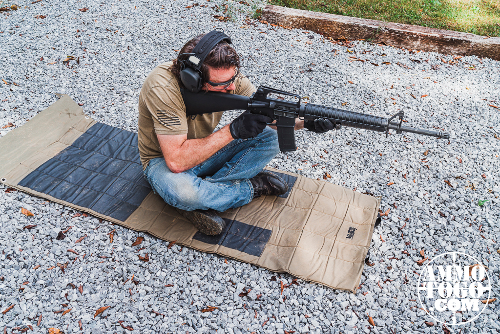 Shooting cross-legged A rifleman demonstrating shooting cross-legged at a range