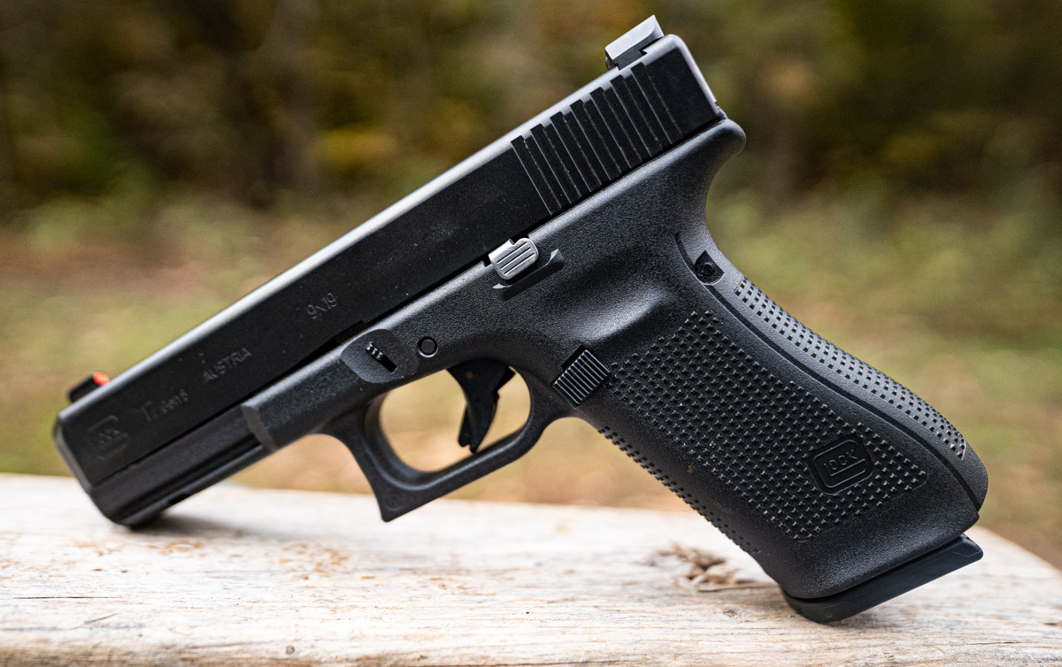 A Glock 17 pistol displayed at a shooting range
