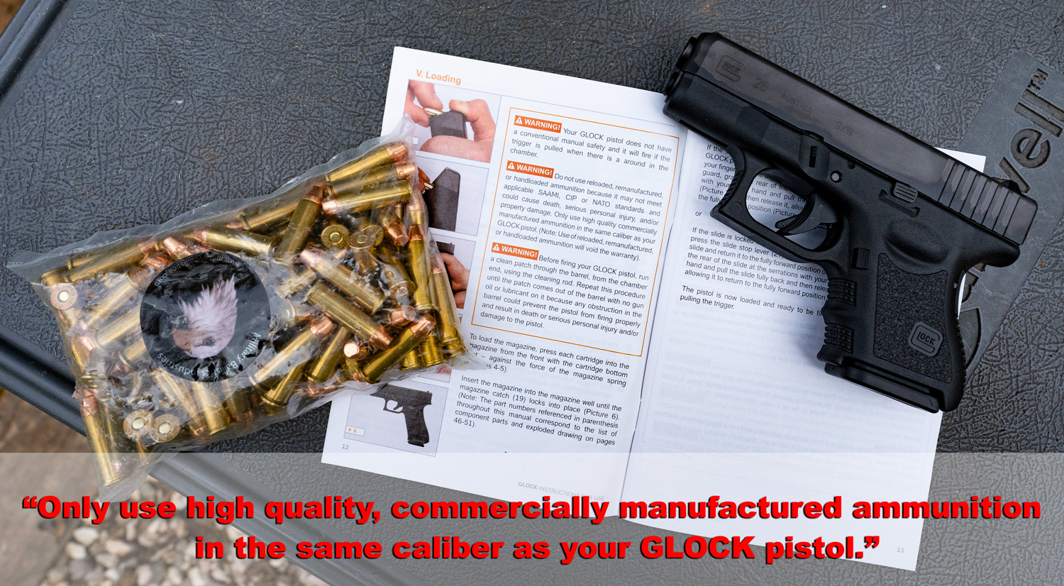 Glock owners manual with ammo and firearm