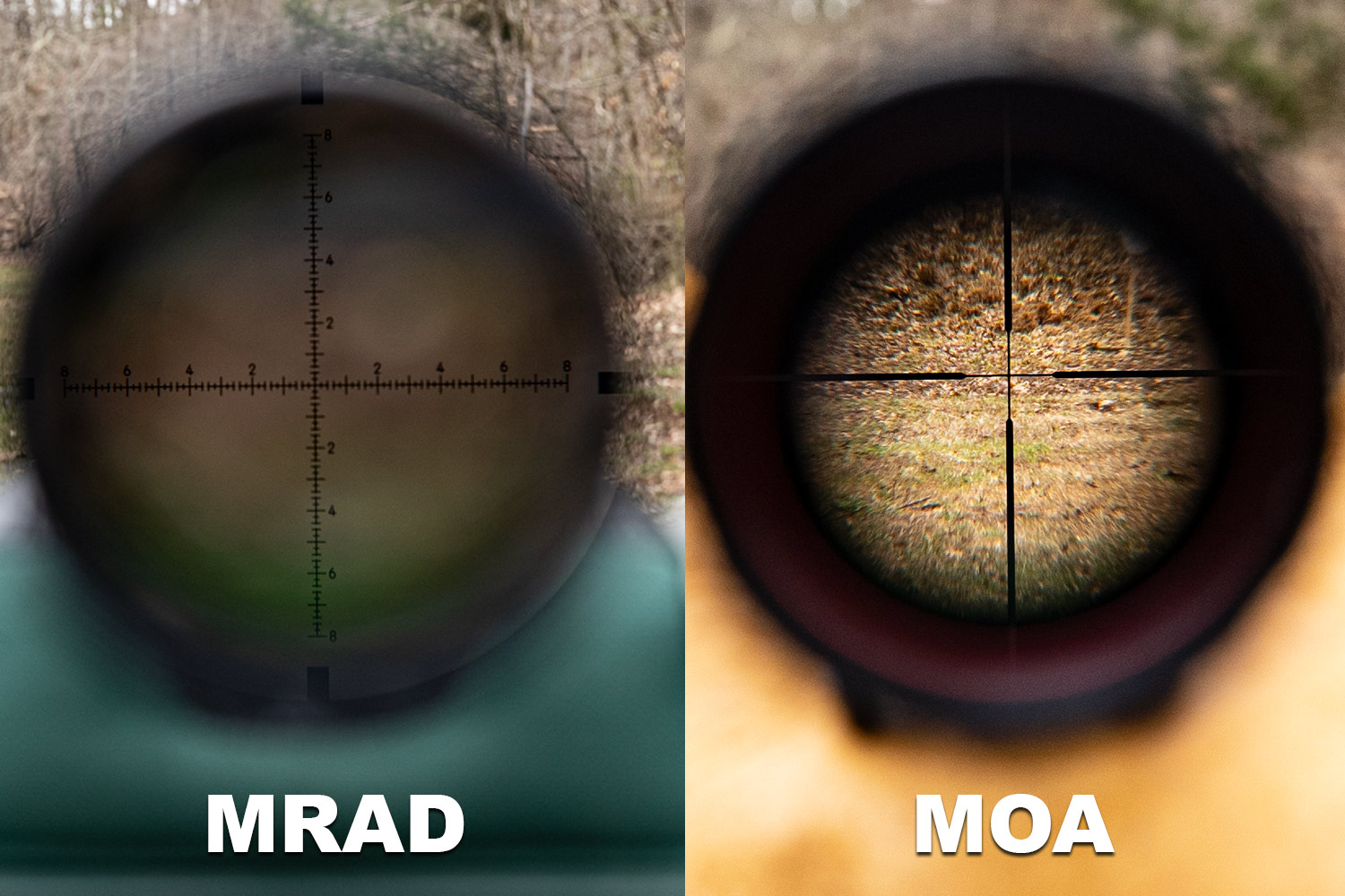 An MRAD scope next to a MOA scope