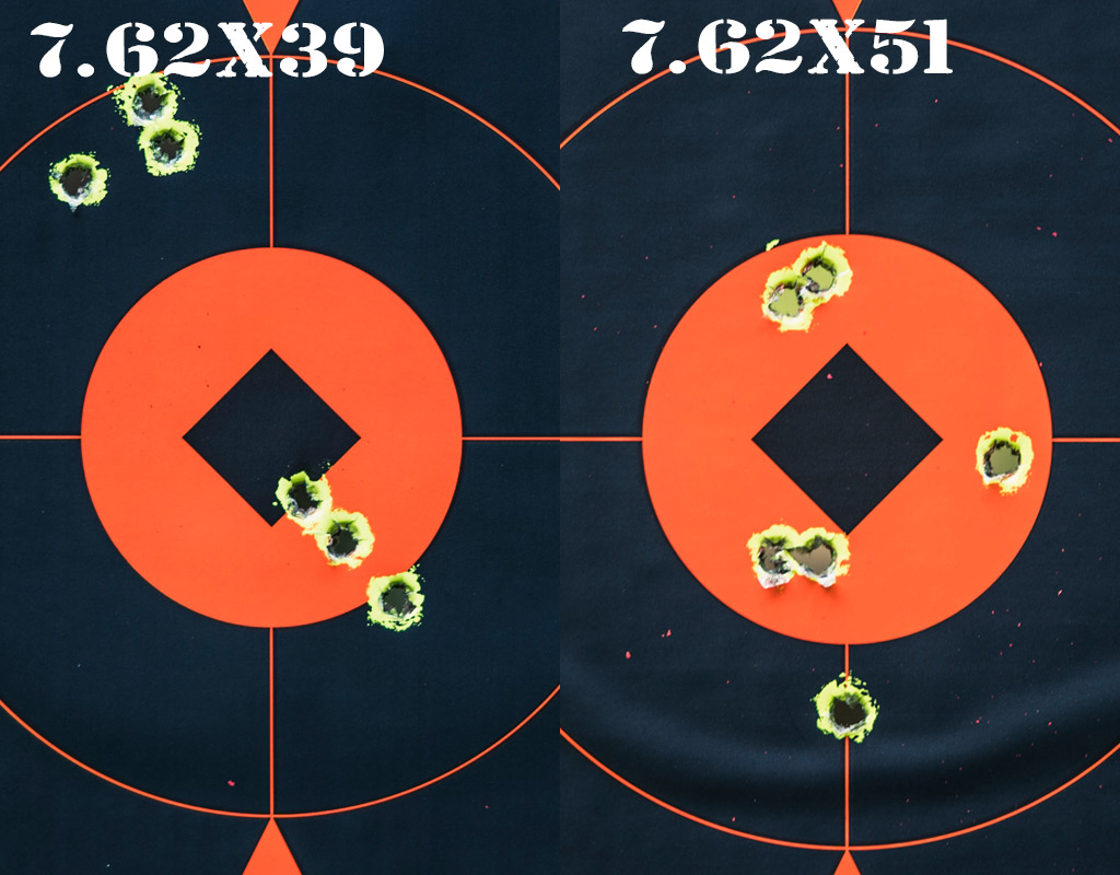 photo of two targets - one with 7.62x39 and another with 7.62x51 at a gun range