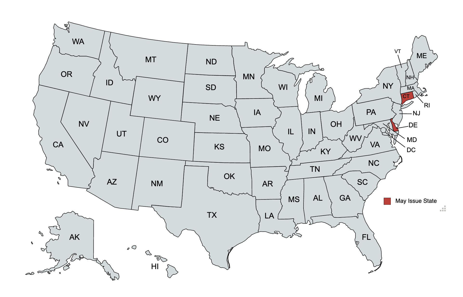 Map detailing may issue states versus shall issue states.