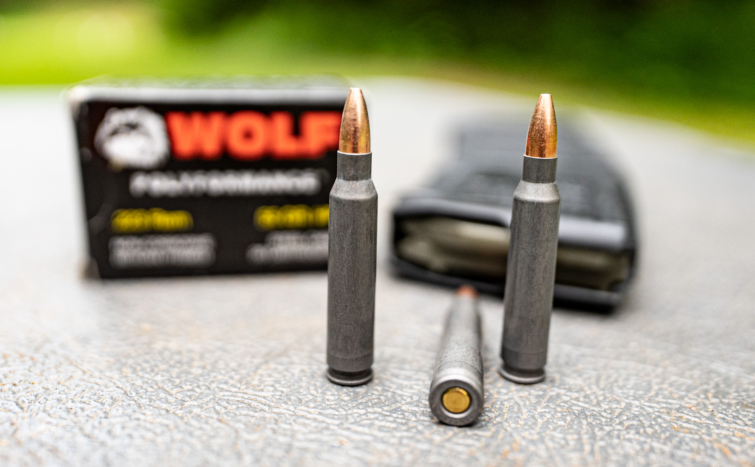 Wolf steel cased 223 ammo displayed on a shooting bench