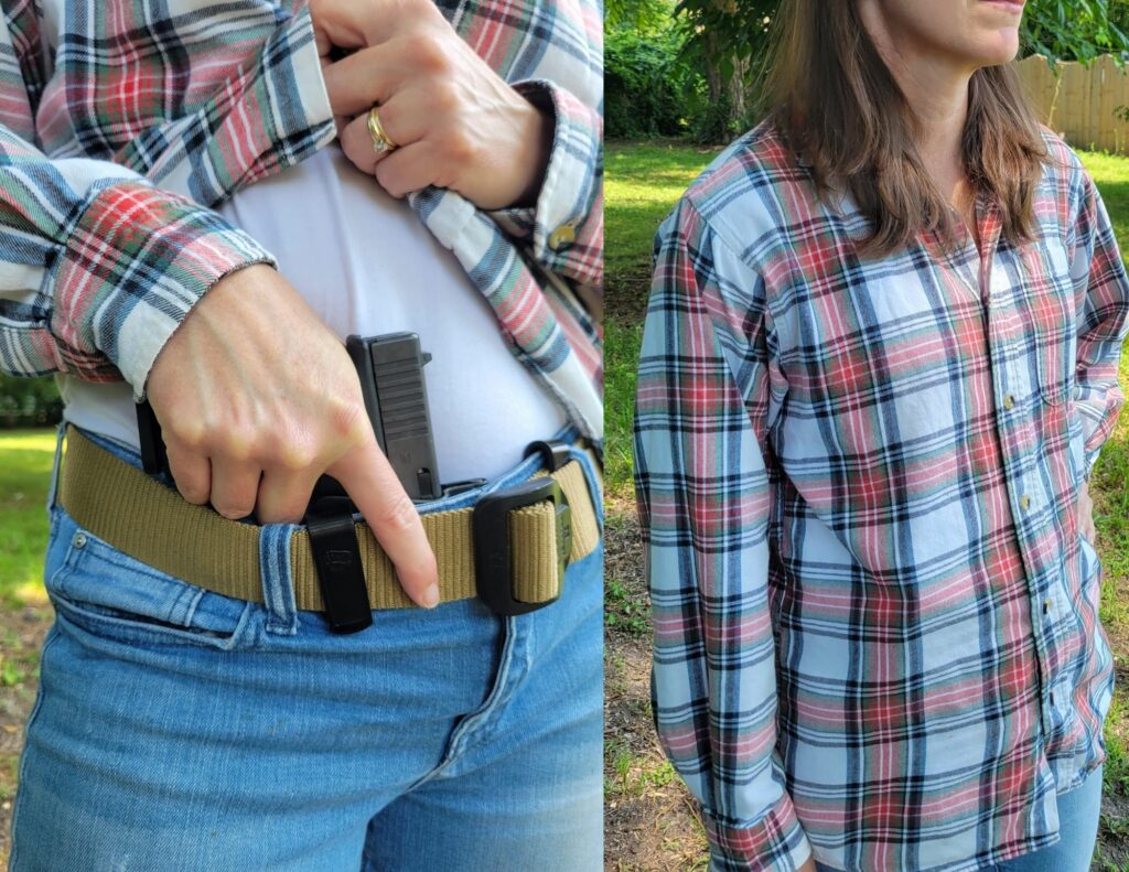 The author wearing T.REX Arms Sidecar Glock 19 Holster IWB and demonstrating how it prints