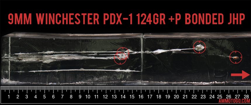 Winchester PDX1 9mm ammo fired into ballistic gelatin