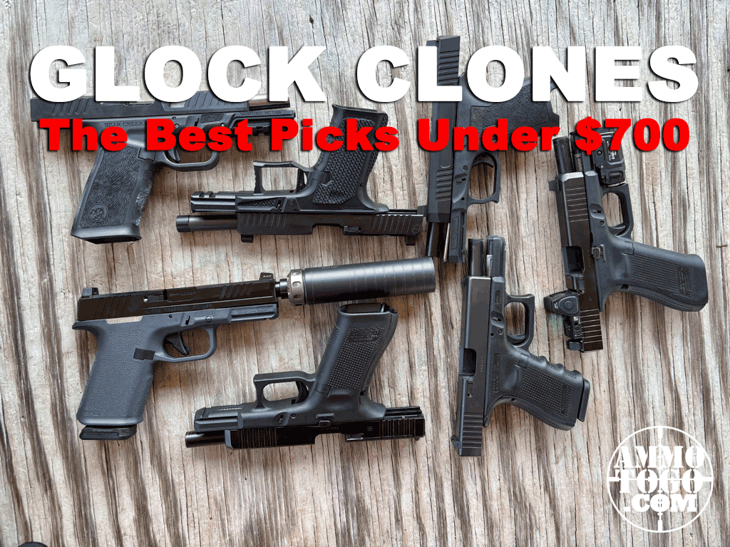 Various Glock pistol clones displayed on a table