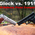 glock vs 1911 pistols displayed at a shooting range