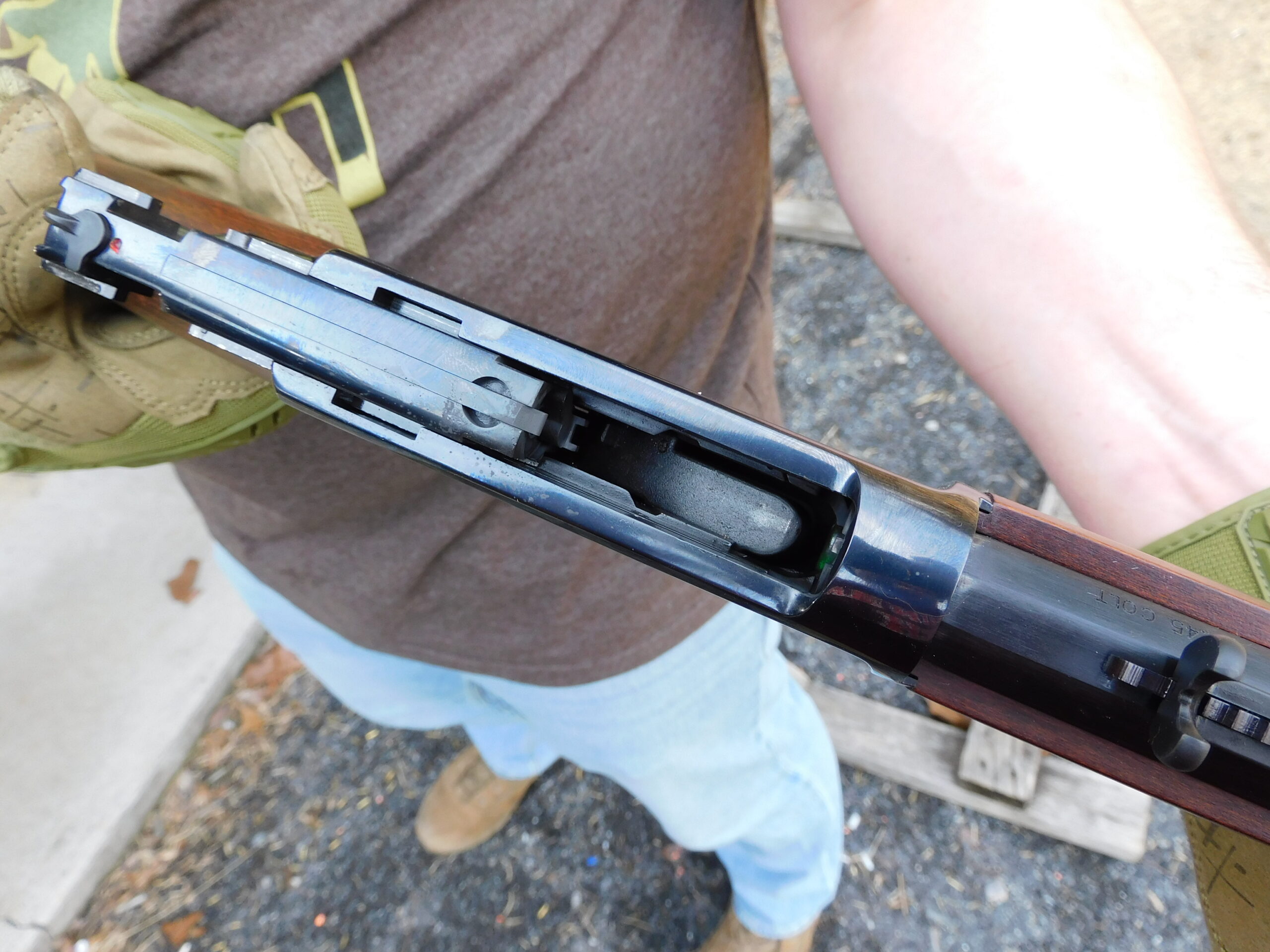 The Heritage 92 rifle with an open action Close-up of Heritage 92 lever action open action showing cartridge lifter and ejection port