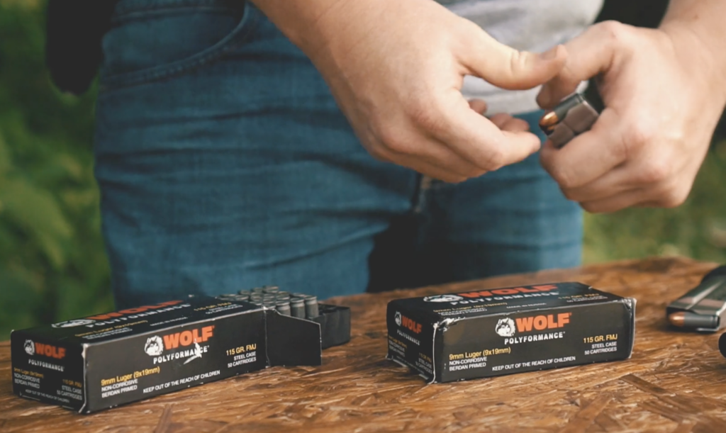 Loading Wolf 9mm into pistol magazines at a shooting range