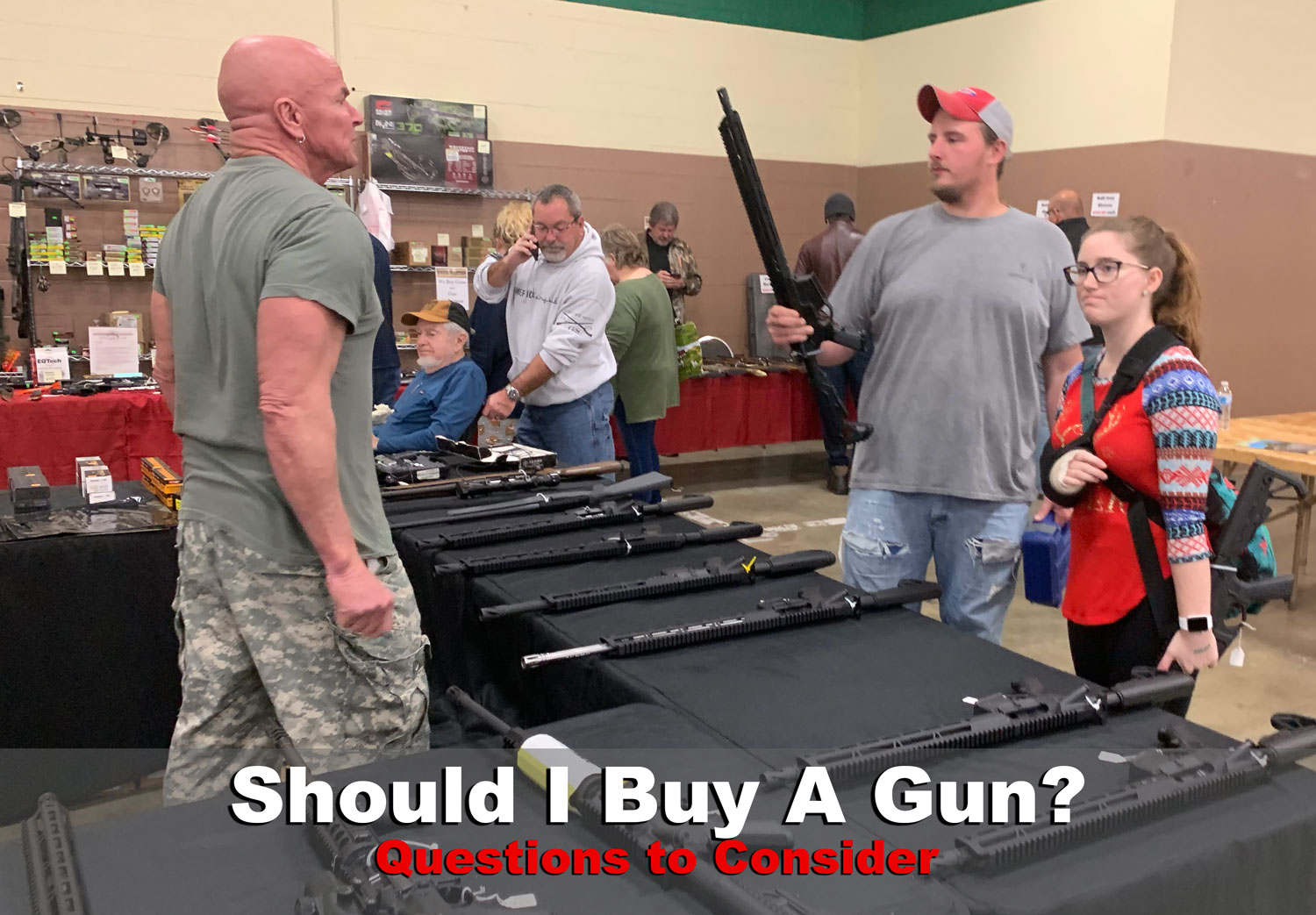 woman and man asking should I buy a gun at a gun show